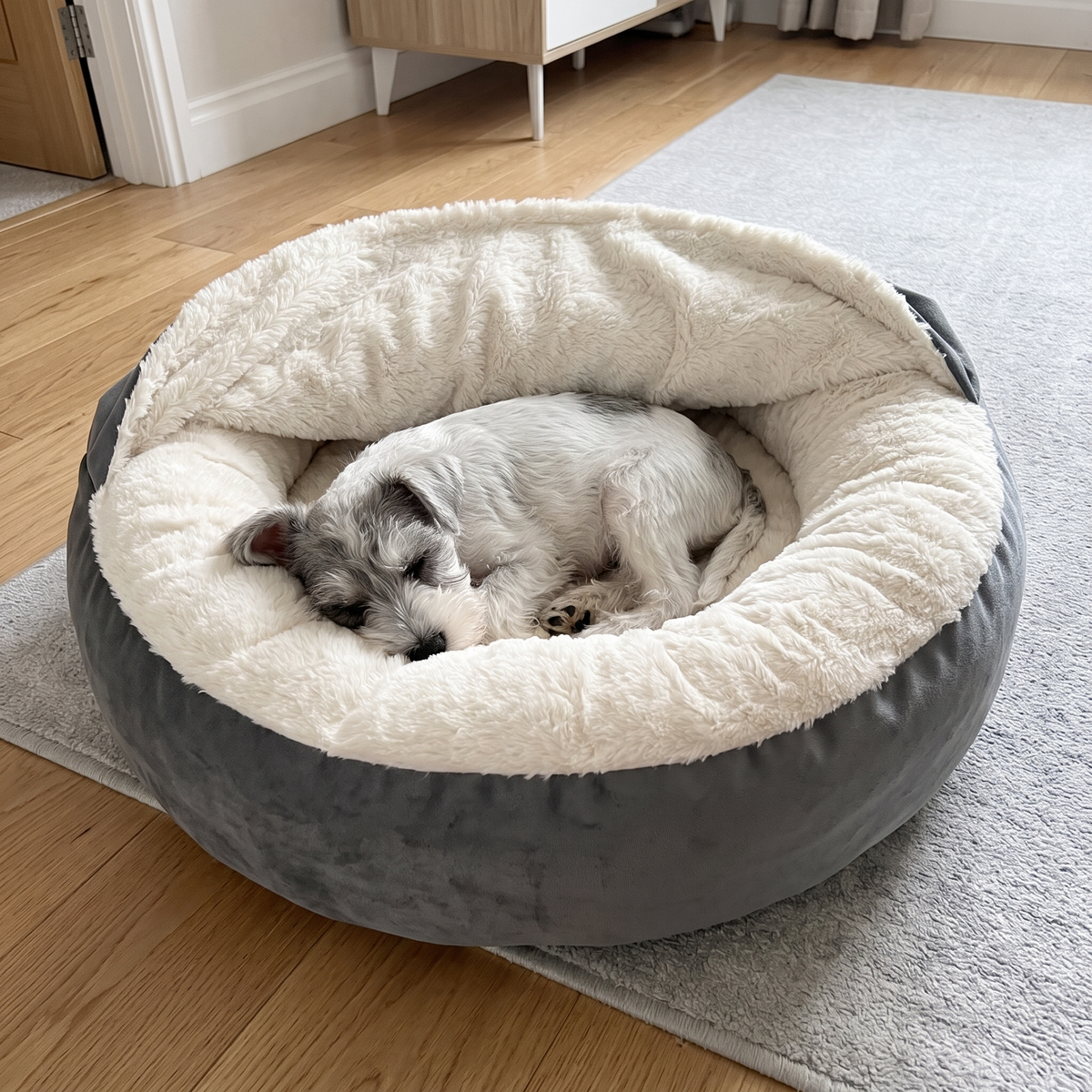 CuddleCave – Blanket folded back: faux fur inside and over the rim, Schnauzer puppy asleep