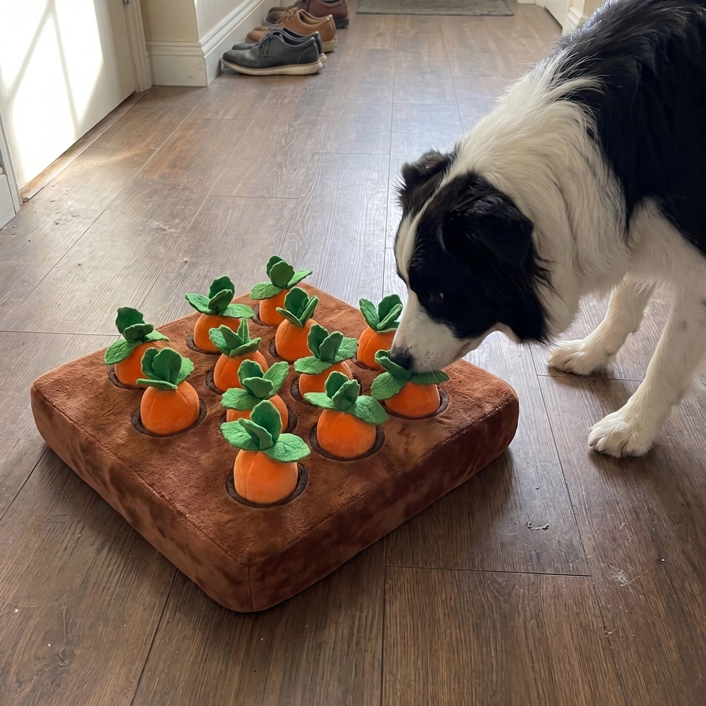 Border Collie schnüffelt an der Karotti Matte mit 12 Karotten